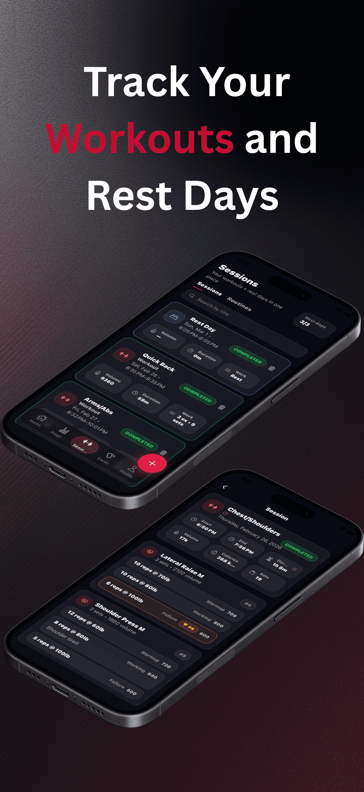 TrackForge sessions poster showing workouts and rest days