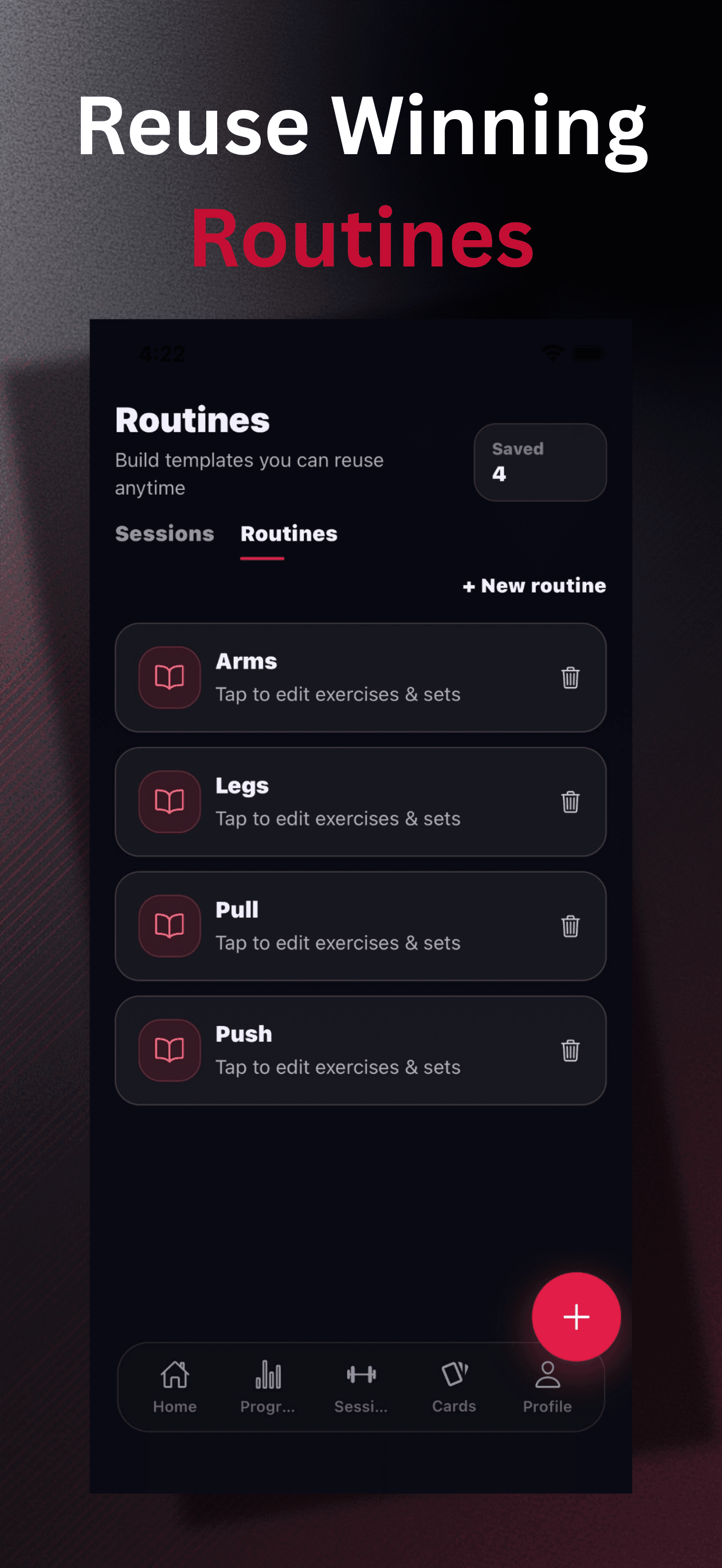 TrackForge routines poster showing reusable workout templates