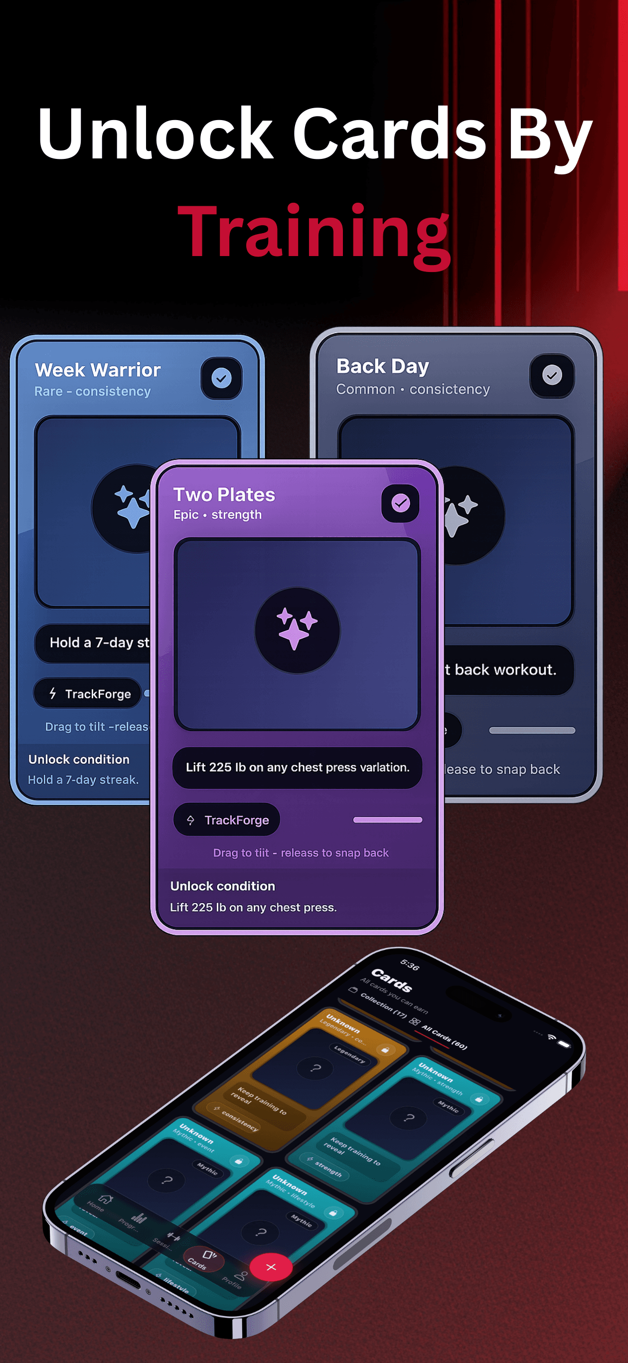 TrackForge cards poster showing unlockable rewards