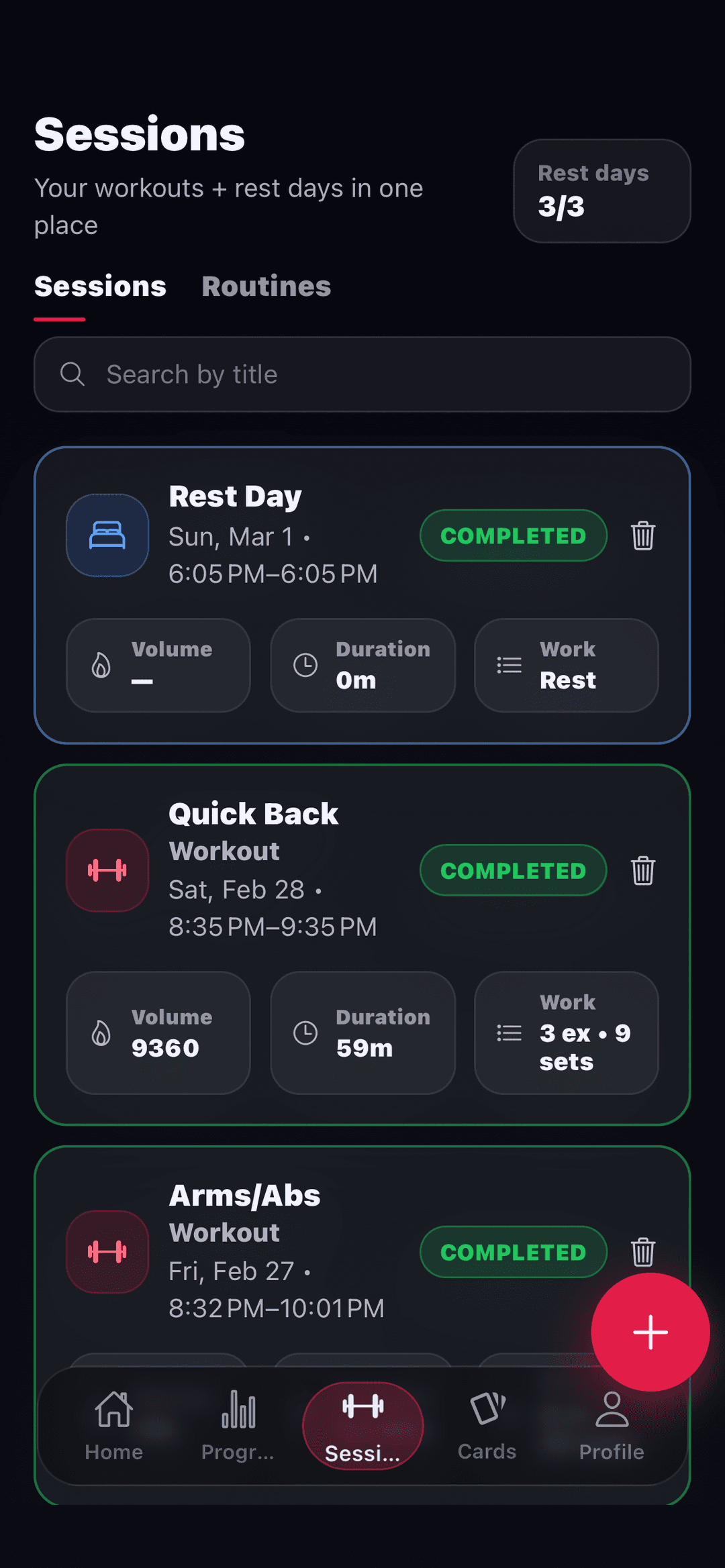 TrackForge sessions tab